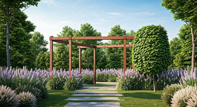 alt_text: Elegancki ogród z nowoczesną pergolą, schemat techniczny oraz naturalne elementy otoczenia.