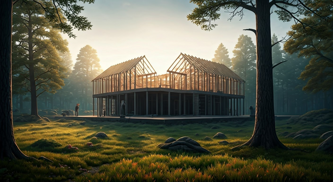 alt_text: Grupa ludzi buduje domek na drzewie w lesie, uśmiechnięte twarze, naturalny krajobraz.