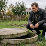 Mężczyzna kucający przy betonowym szambie w polskim ogrodzie, obok pojemnik z preparatem biologicznym BioMe do szamba firmy EcoBen — typowe szambo betonowe z kręgów, jesienne drzewa i drewniany płot w tle.