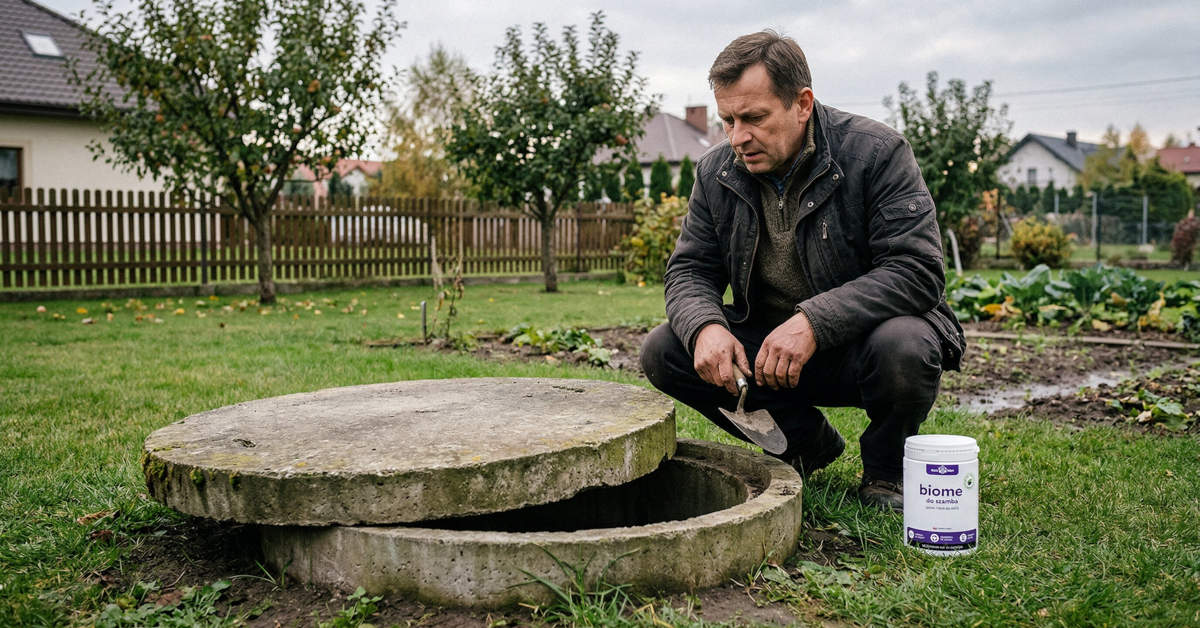 Mężczyzna kucający przy betonowym szambie w polskim ogrodzie, obok pojemnik z preparatem biologicznym BioMe do szamba firmy EcoBen — typowe szambo betonowe z kręgów, jesienne drzewa i drewniany płot w tle.