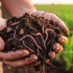 Dłonie trzymające żyzną, ciemną ziemię z materią organiczną i dżdżownicami na tle rozmytego pola uprawnego.
