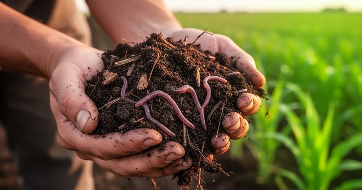 Dłonie trzymające żyzną, ciemną ziemię z materią organiczną i dżdżownicami na tle rozmytego pola uprawnego.