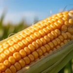 Zbliżenie na dojrzałą kolbę ze złotymi ziarnami kukurydzy na tle rozmytego zielonego pola i błękitnego nieba.