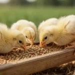 Puchate żółte kurczęta jedzące karmę z drewnianego koryta na tle zielonej farmy w ciepłym, naturalnym świetle.
