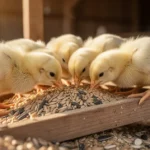 Puszyste żółte pisklęta kur jedzące ziarno z drewnianego karmidła w wiejskiej scenerii w ciepłym świetle.