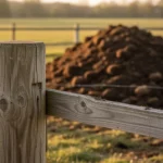 Drewniane ogrodzenie wyznaczające granicę działki, w tle na polu widoczny stos obornika w ciepłym świetle zachodzącego słońca