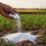 Dłoń rolnika rozsypująca białe granulki nawozu mocznika na ziemi na tle zielonego pola uprawnego.