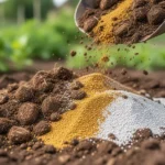 Zbliżenie na mieszankę naturalnego obornika i granulowanych nawozów mineralnych w ciemnej, żyznej glebie ogrodowej.