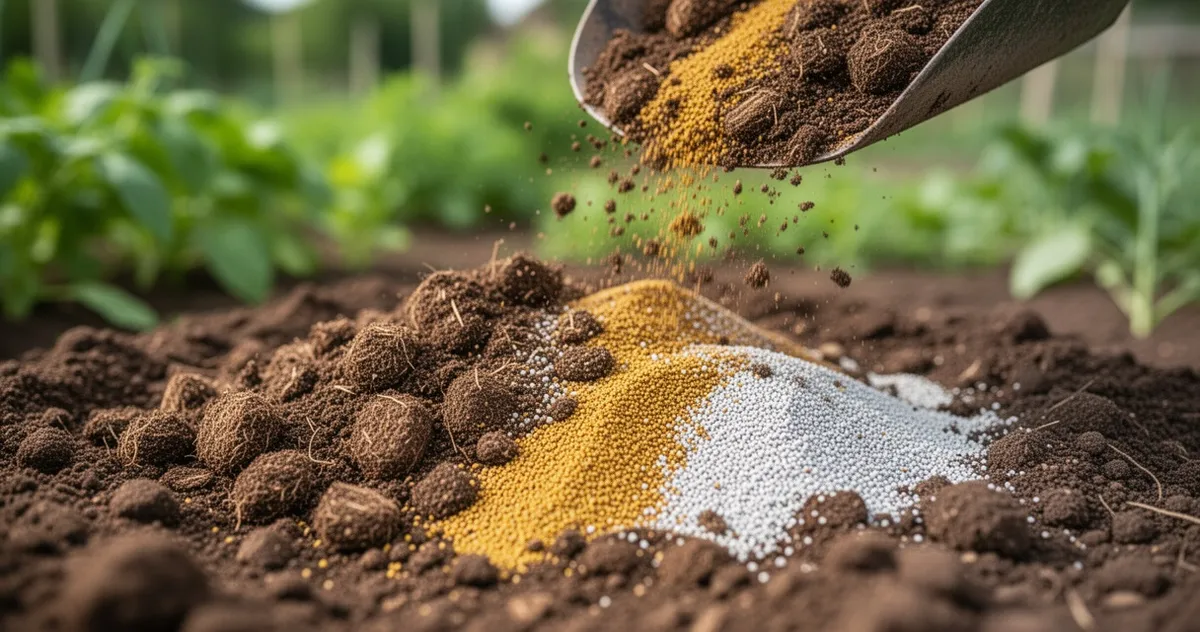 Zbliżenie na mieszankę naturalnego obornika i granulowanych nawozów mineralnych w ciemnej, żyznej glebie ogrodowej.