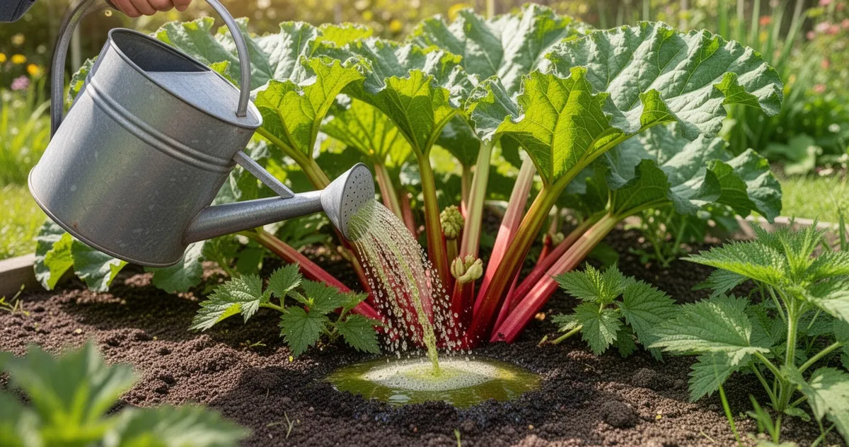 Podlewanie rabarbaru rozcieńczoną gnojówką z pokrzywy