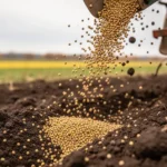 Nasiona rzepaku ozimego wysiewane w ciemną, żyzną glebę jesienią na tle rozmytego pola uprawnego.