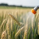 Zbliżenie na kłosy pszenicy w fazie T1 oraz dyszę opryskiwacza aplikującą preparat na tle rozmytego pola.