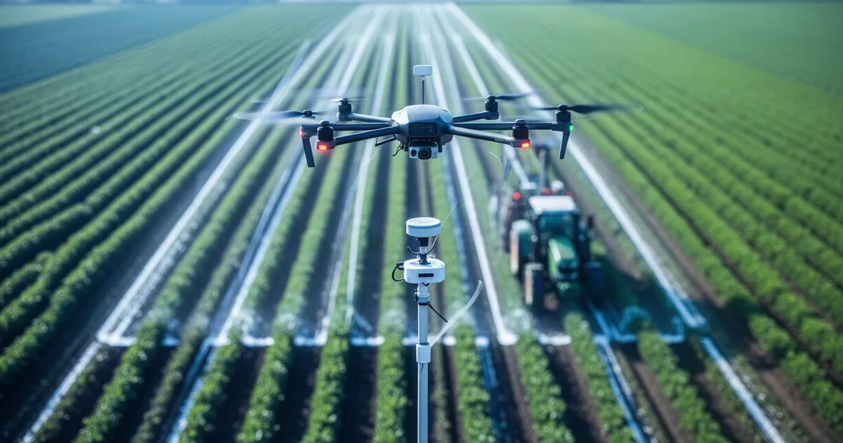 Widok z lotu ptaka na pole uprawne z dronem i ciągnikiem korzystającym z technologii rolnictwa precyzyjnego.