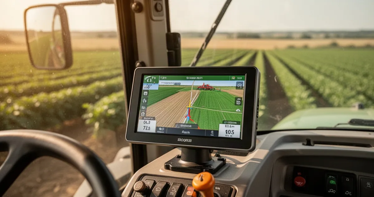Nowoczesny system nawigacji GPS zamontowany w kabinie ciągnika z widoczną mapą pola i rozmytym krajobrazem rolnym w tle.