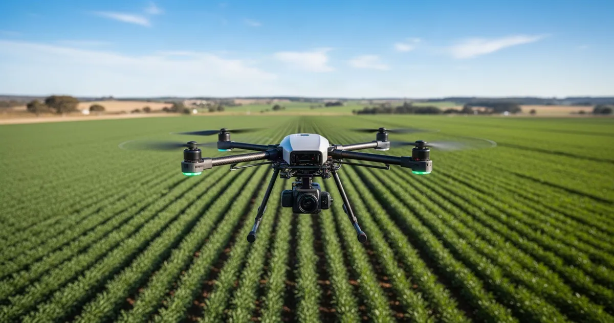 Nowoczesny dron rolniczy lecący nad zielonymi polami uprawnymi w słoneczny dzień.