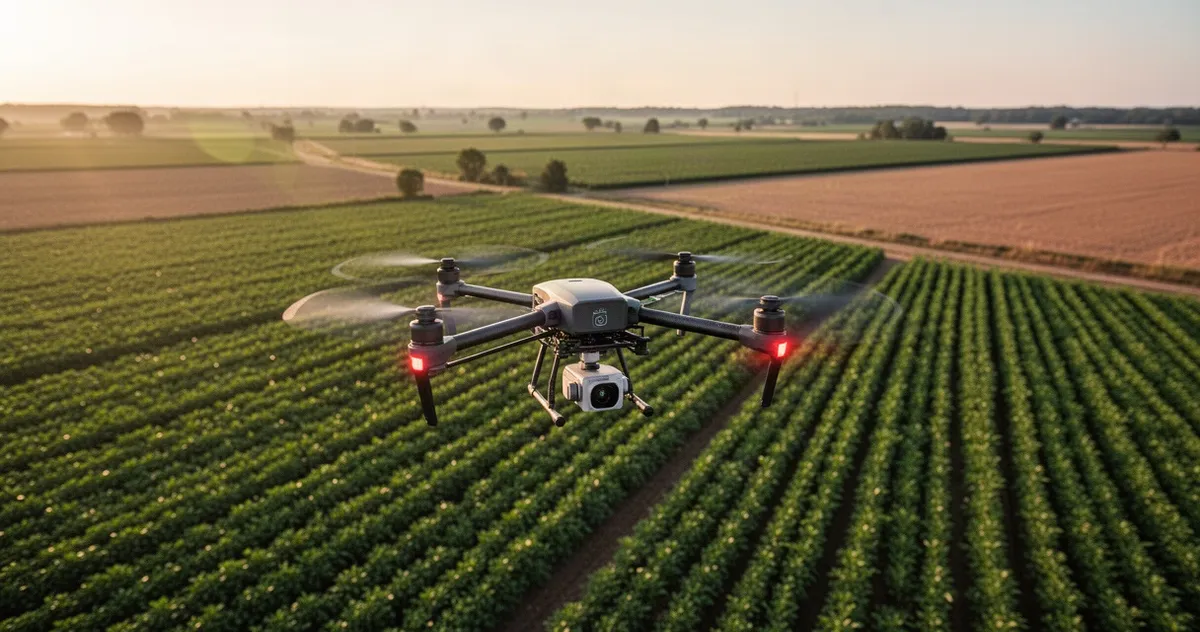 Dron lecący nad zielonymi polami uprawnymi w świetle złotej godziny, rejestrujący dane rolnictwa precyzyjnego.