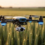 Nowoczesny dron rolniczy z widocznymi czujnikami unosi się nad zielonym polem pszenicy w świetle zachodzącego słońca.