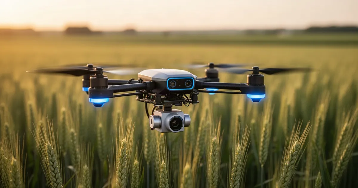 Nowoczesny dron rolniczy z widocznymi czujnikami unosi się nad zielonym polem pszenicy w świetle zachodzącego słońca.