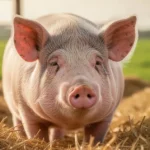 Spokojna świnia w czystym, przestronnym kojcu ze słomą, w otoczeniu zielonych pastwisk w tle.