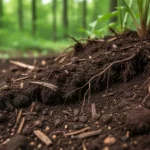 Zbliżenie na żyzną, ciemną glebę z widoczną materią organiczną i korzeniami roślin, na rozmytym tle zielonego lasu.