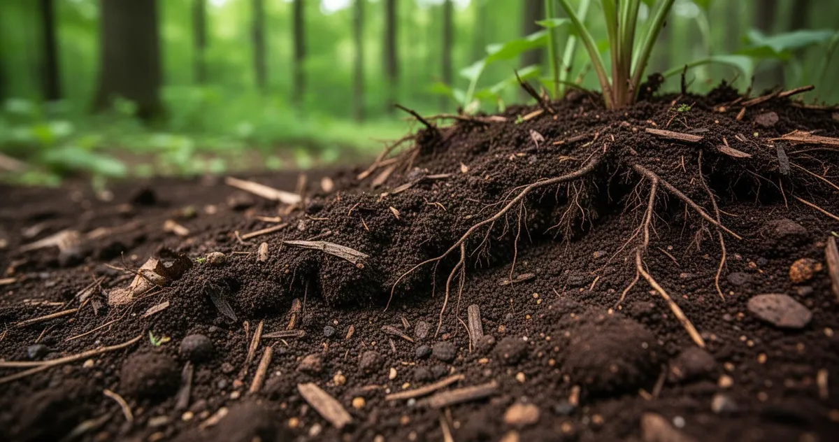 Zbliżenie na żyzną, ciemną glebę z widoczną materią organiczną i korzeniami roślin, na rozmytym tle zielonego lasu.