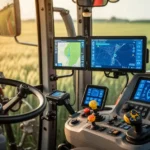 Wnętrze kabiny nowoczesnego ciągnika z podświetlonym ekranem systemu GPS i automatycznego sterowania, w tle pole pszenicy.