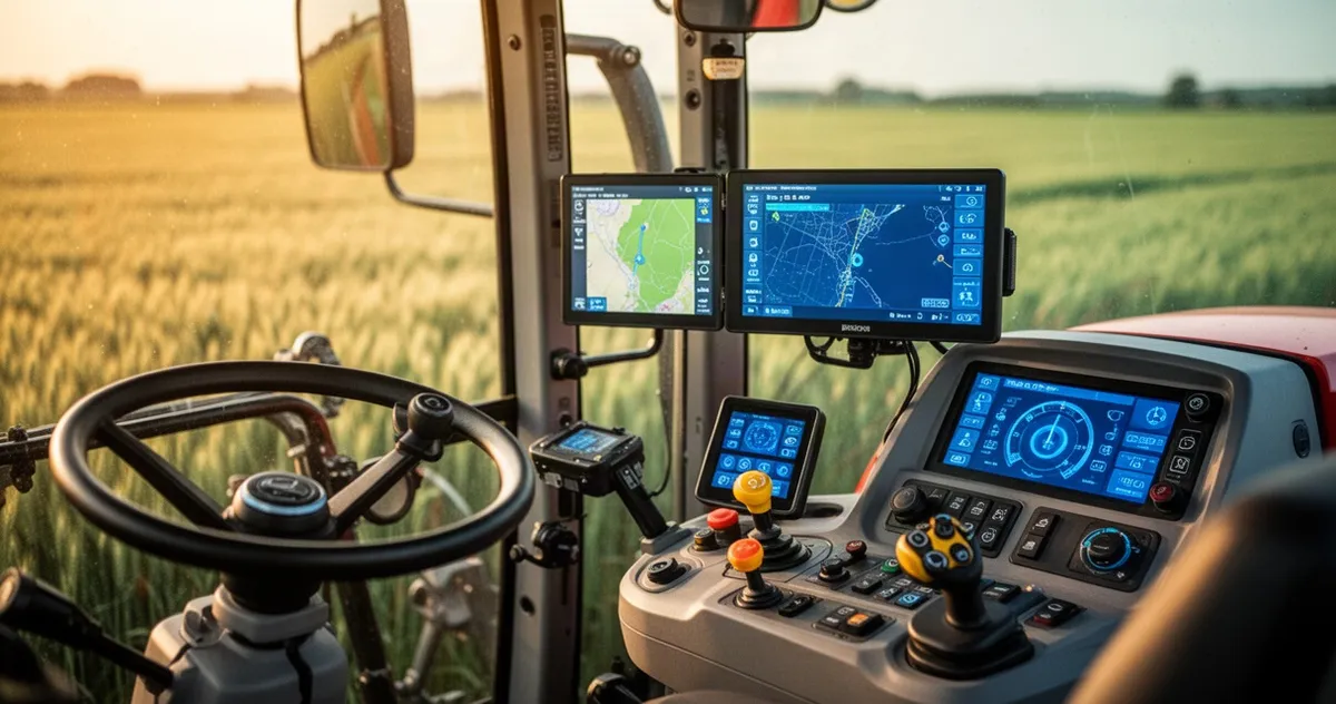 Wnętrze kabiny nowoczesnego ciągnika z podświetlonym ekranem systemu GPS i automatycznego sterowania, w tle pole pszenicy.