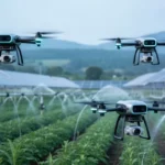 Nowoczesne gospodarstwo przyszłości z dronem nad zielonymi polami, panelami słonecznymi i zautomatyzowanym nawadnianiem.