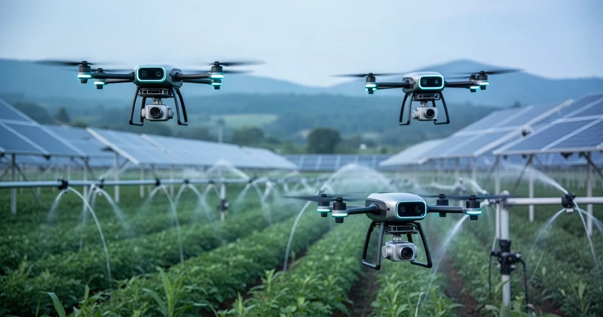 Nowoczesne gospodarstwo przyszłości z dronem nad zielonymi polami, panelami słonecznymi i zautomatyzowanym nawadnianiem.