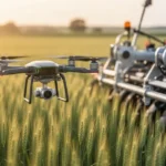 Dron rolniczy unoszący się nad polem pszenicy w promieniach zachodzącego słońca.