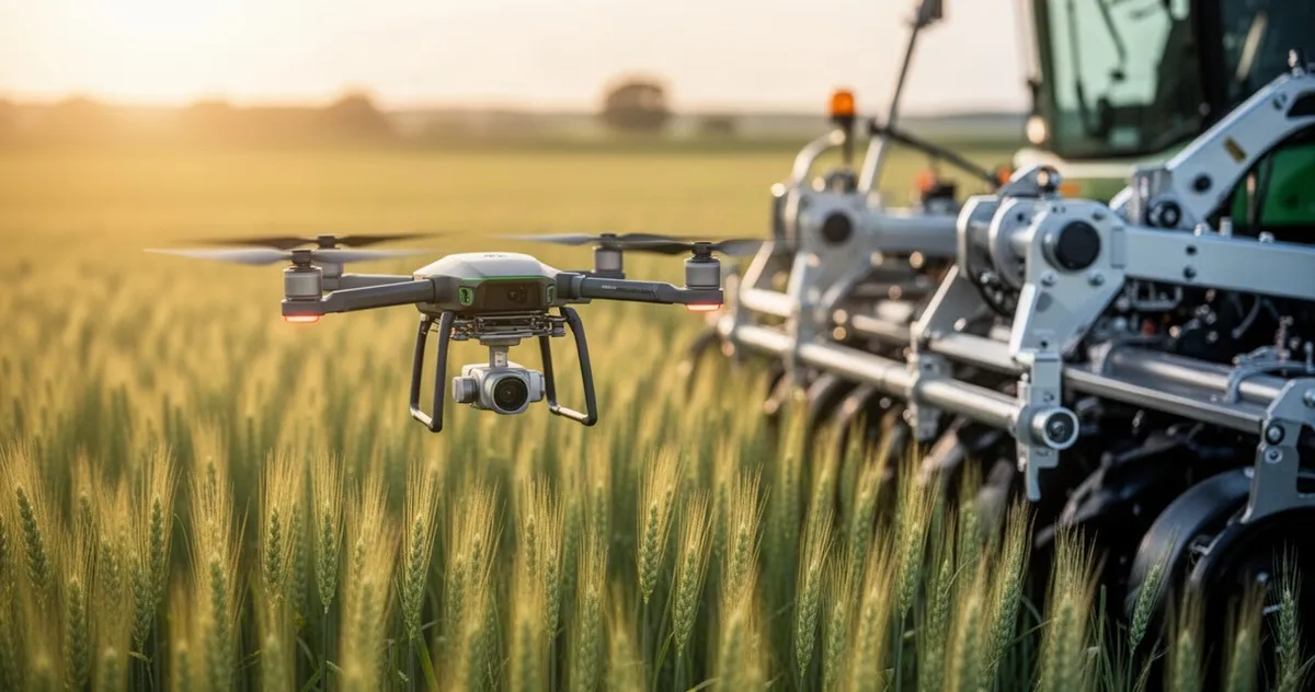 Dron rolniczy unoszący się nad polem pszenicy w promieniach zachodzącego słońca.