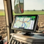 Nowoczesny wyświetlacz nawigacji GPS zamontowany w kabinie ciągnika na tle pól uprawnych widzianych przez szybę.