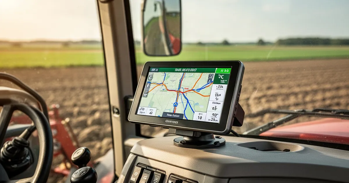 Nowoczesny wyświetlacz nawigacji GPS zamontowany w kabinie ciągnika na tle pól uprawnych widzianych przez szybę.