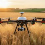 Nowoczesny dron rolniczy z aparaturą rozpylającą nad rozległym polem pszenicy podczas zachodu słońca.