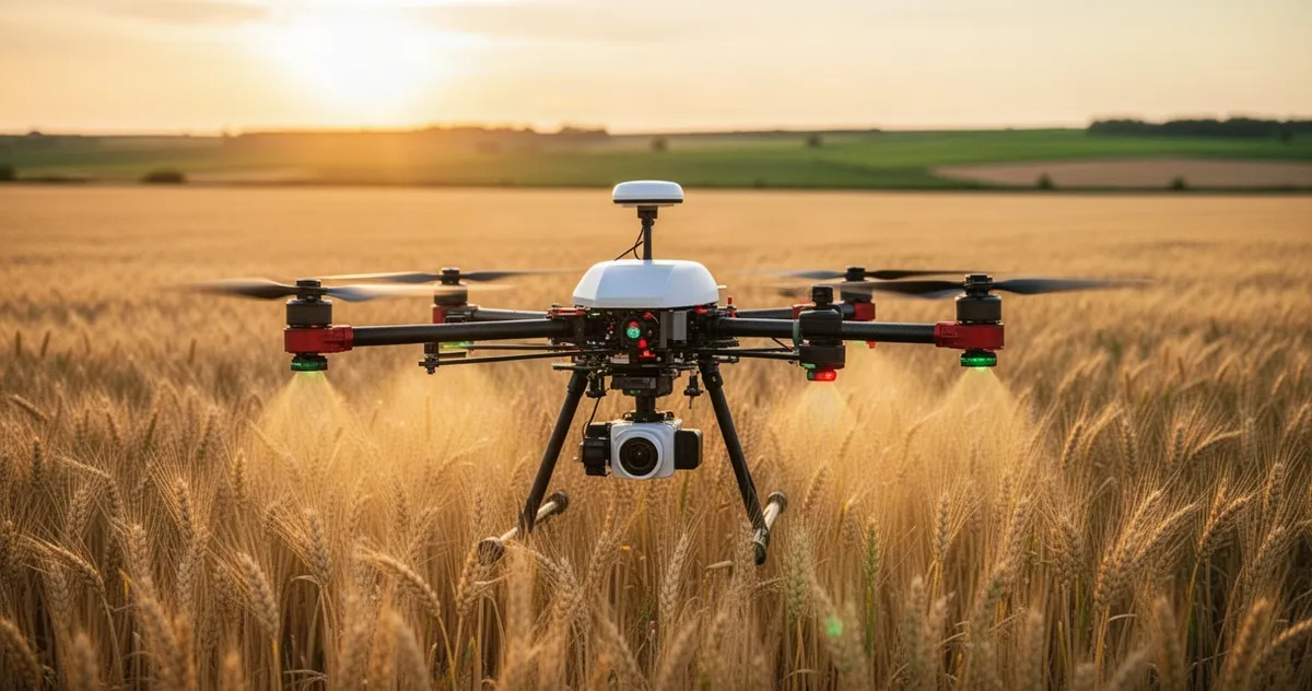 Nowoczesny dron rolniczy z aparaturą rozpylającą nad rozległym polem pszenicy podczas zachodu słońca.