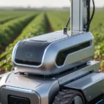 Nowoczesny robot rolniczy o metalicznej konstrukcji pracujący na polu z rzędami zielonych roślin w pełnym świetle dziennym.