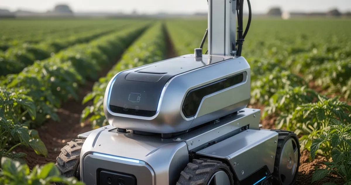 Nowoczesny robot rolniczy o metalicznej konstrukcji pracujący na polu z rzędami zielonych roślin w pełnym świetle dziennym.