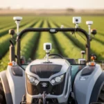 Nowoczesny autonomiczny ciągnik z systemami GPS i czujnikami pracujący na polu podczas złotego godziny.