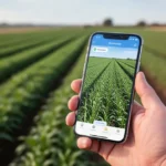 Dłoń rolnika trzymająca smartfon z aplikacją do monitorowania upraw na tle pola w słoneczny dzień.
