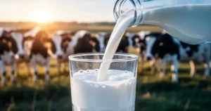 Świeże mleko przelewane do szklanki na tle rozmytej farmy mleczarskiej w ciepłym, profesjonalnym oświetleniu.