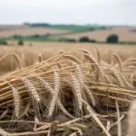 Zgięte i położone na ziemi łodygi zbóż na polu pszenicy w pochmurny dzień, obrazujące skutki wylegania upraw.