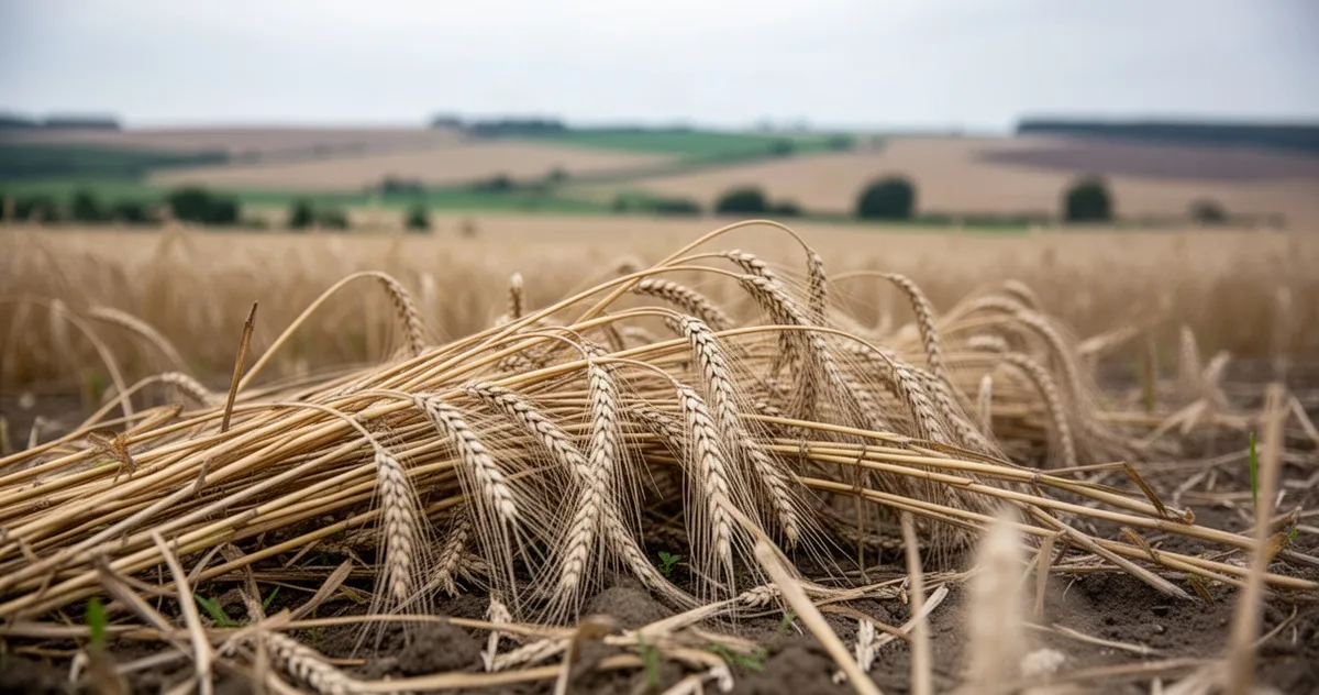 Zgięte i położone na ziemi łodygi zbóż na polu pszenicy w pochmurny dzień, obrazujące skutki wylegania upraw.