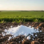Zbliżenie na teksturę gleby z rozsypanym białym wapnem rolniczym; w tle rozległe zielone pole w świetle zachodzącego słońca.