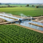 Widok z lotu ptaka na zielone uprawy rolnicze z systemem nawadniania i kanałami wodnymi w słoneczny dzień.
