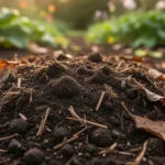 Zbliżenie na żyzną, ciemną glebę z widoczną materią organiczną i rozłożonymi liśćmi w ciepłym świetle.