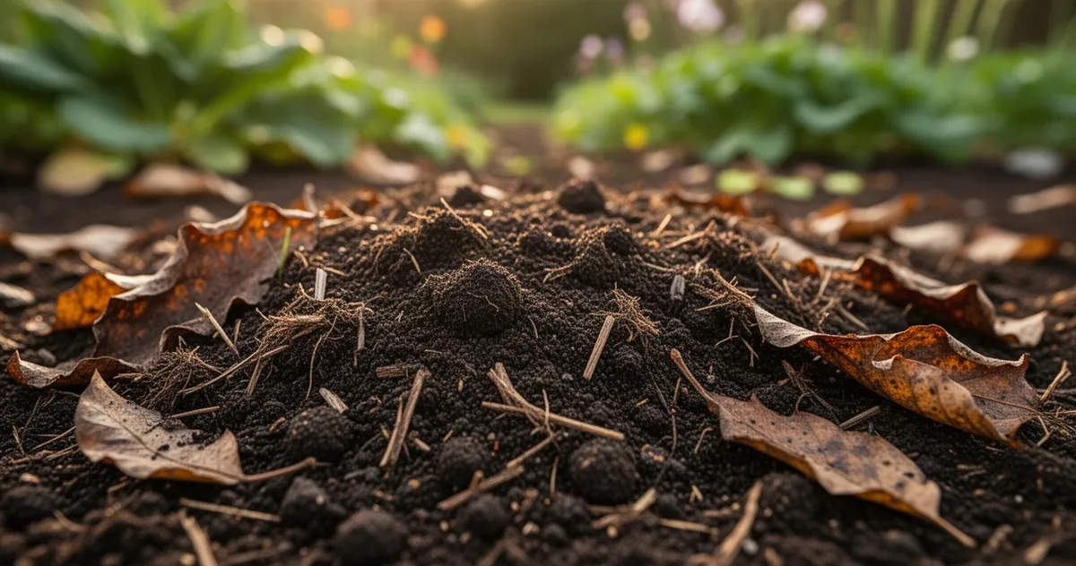 Zbliżenie na żyzną, ciemną glebę z widoczną materią organiczną i rozłożonymi liśćmi w ciepłym świetle.