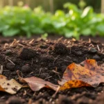 Zbliżenie na żyzną, ciemną glebę z resztkami organicznymi i opadłymi liśćmi na rozmytym, zielonym tle ogrodu.