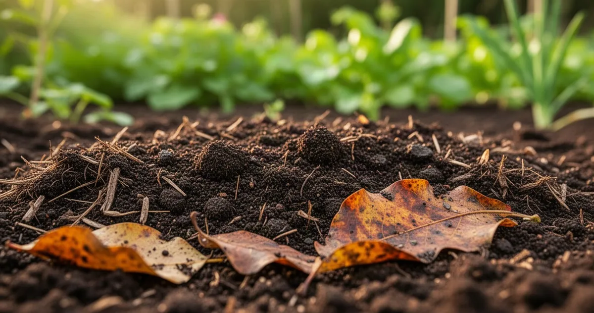 Zbliżenie na żyzną, ciemną glebę z resztkami organicznymi i opadłymi liśćmi na rozmytym, zielonym tle ogrodu.