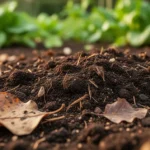 Zbliżenie na żyzną, ciemną glebę z fragmentami materii organicznej i liści, w tle zarys zielonego ogrodu.
