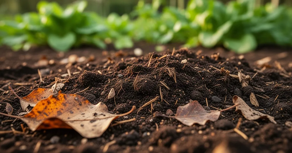 Zbliżenie na żyzną, ciemną glebę z fragmentami materii organicznej i liści, w tle zarys zielonego ogrodu.